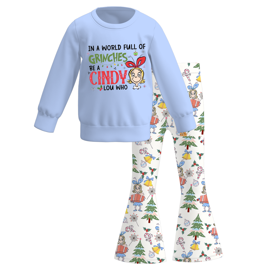 (Pre Order)Girls Christmas Cartoon Print Sweatshirt Bell Pants Set