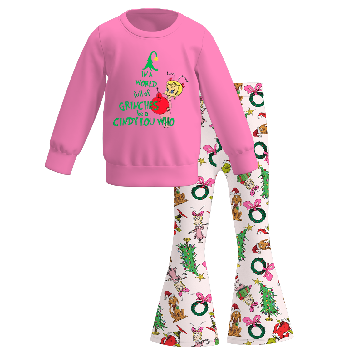 (Pre Order)Girls Christmas Cartoon Print Sweatshirt Bell Pants Set