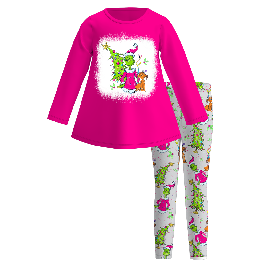 (Pre Order)Girls Christmas Cartoon Print Outfit Set