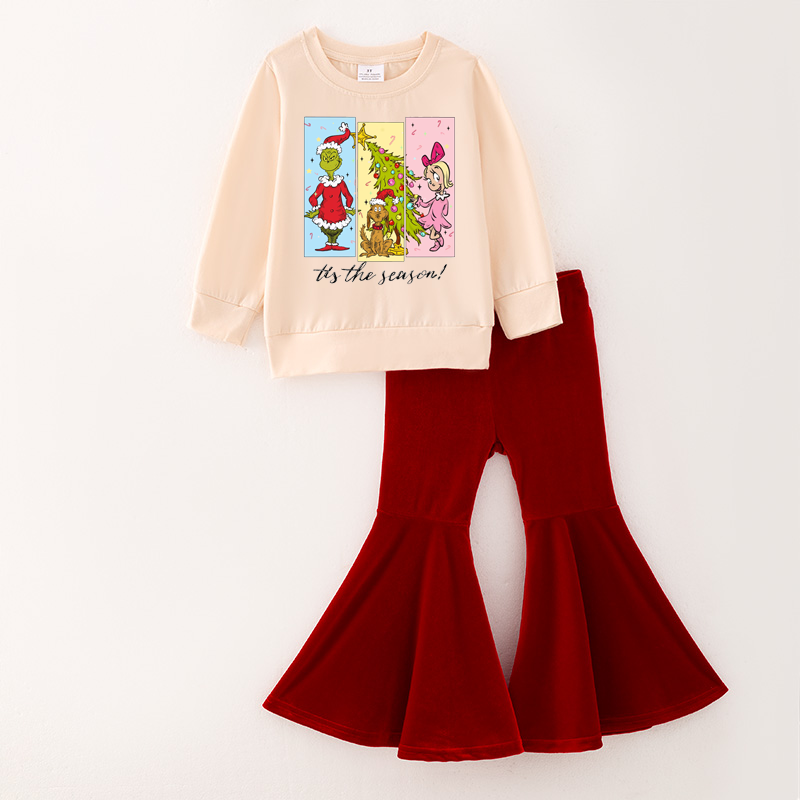 (Pre Order)Girls Christmas Print Top Velvet Pants Set