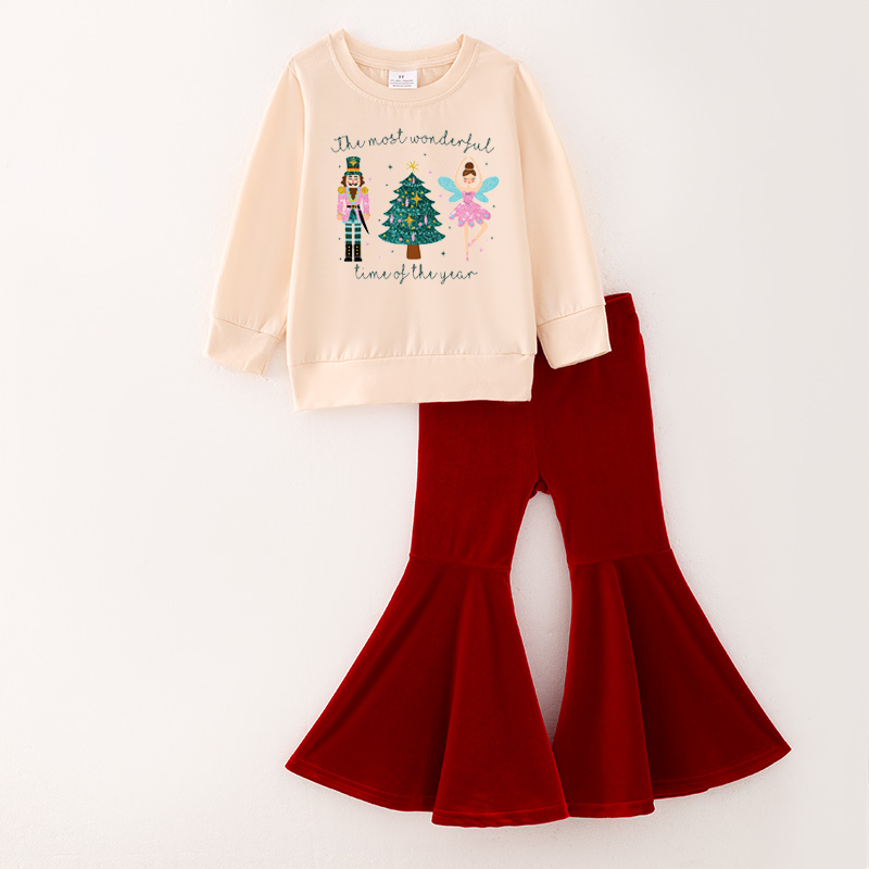 (Pre Order)Girls Christmas Print Top Velvet Pants Set