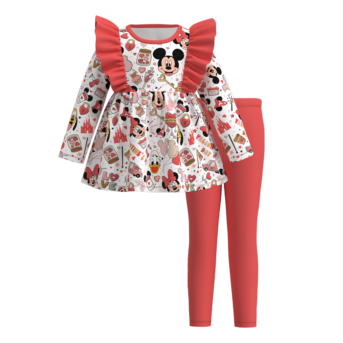 (Pre Order)Girls Valentine's Day Cartoon Print Outfit Set
