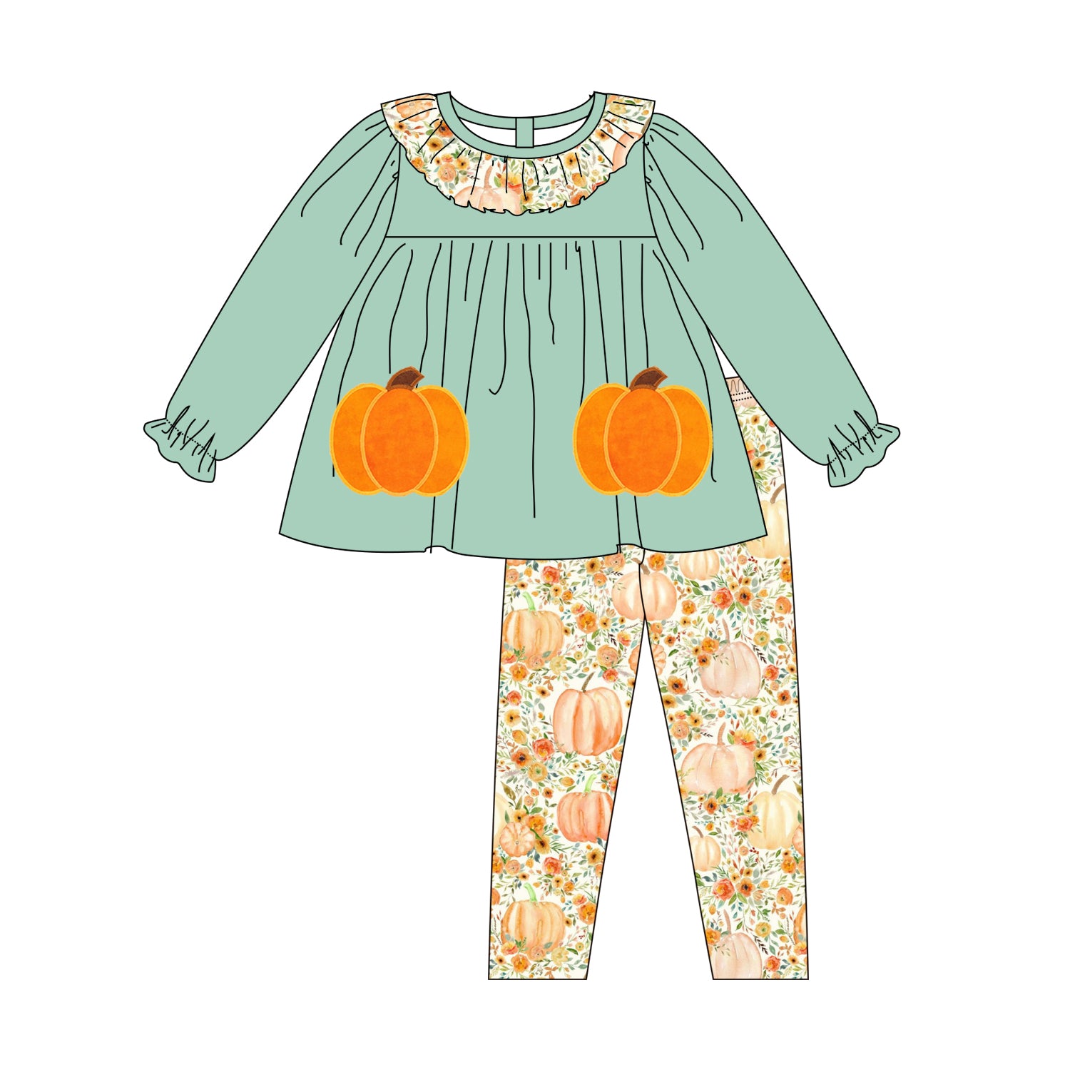 (Pre Order)Girls Halloween&Thanksgiving Pumpkin Applique Outfit Set