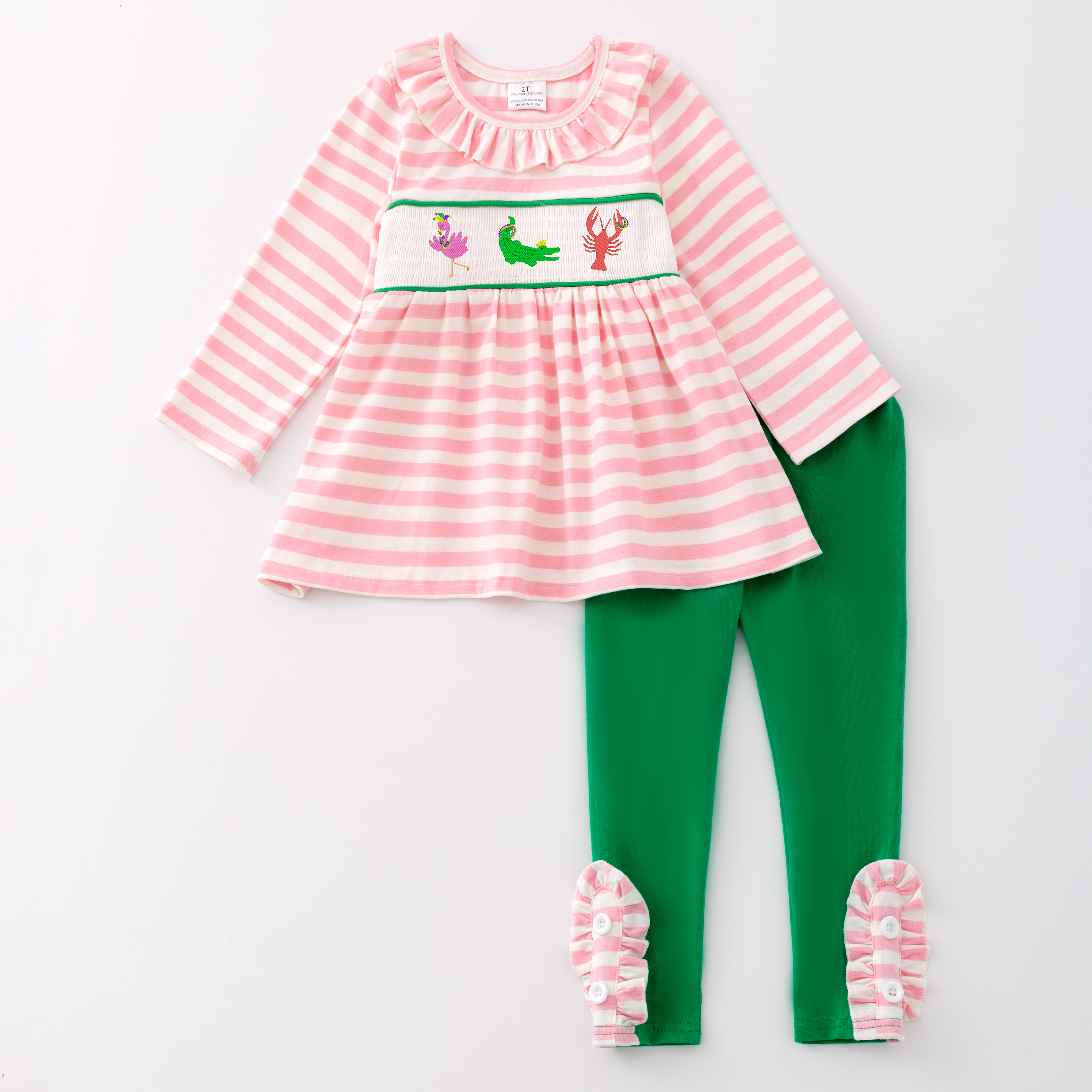 (Pre Order)Girls St. Patrick's Day and Mardi Gras Embroidery Smocked Outfit Set