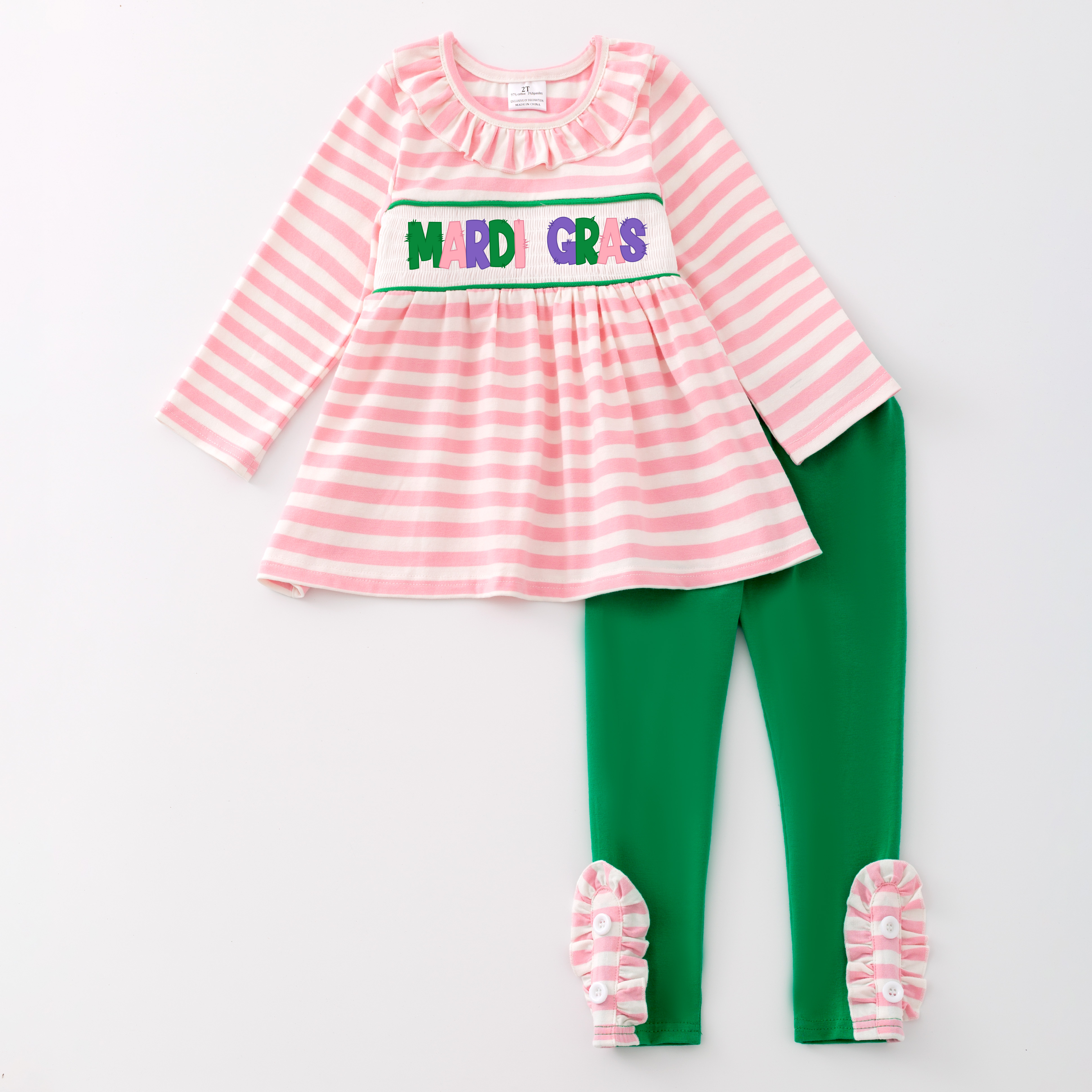 (Pre Order)Girls St. Patrick's Day and Mardi Gras Embroidery Smocked Outfit Set