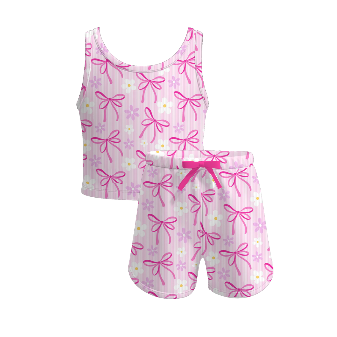 (Pre Order)Girls Spring and Summer Bow&Floral Print Twill Shorts Set