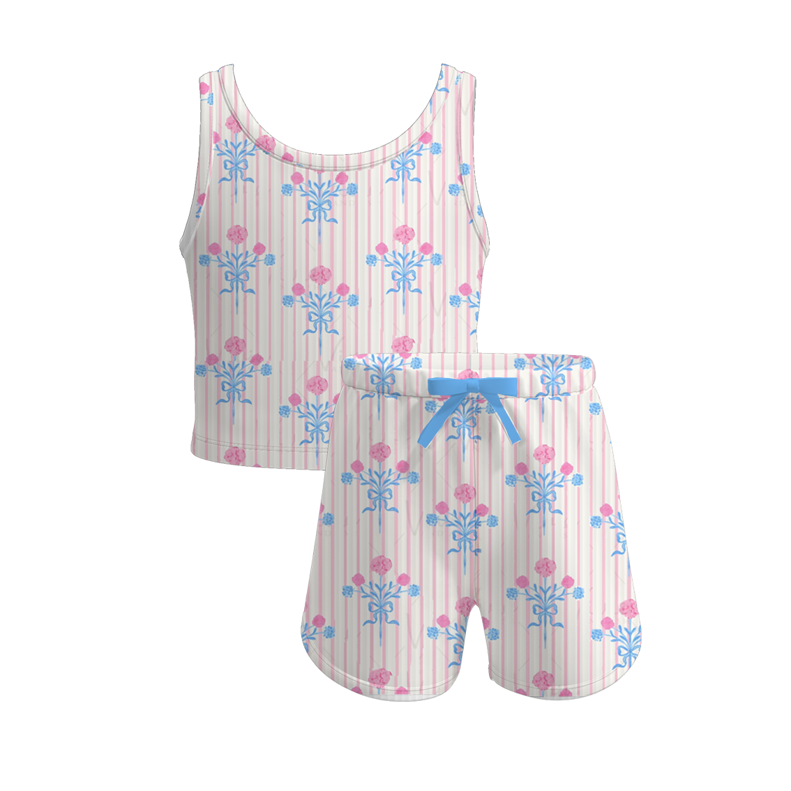 (Pre Order)Girls Spring and Summer Bow&Floral Print Twill Shorts Set