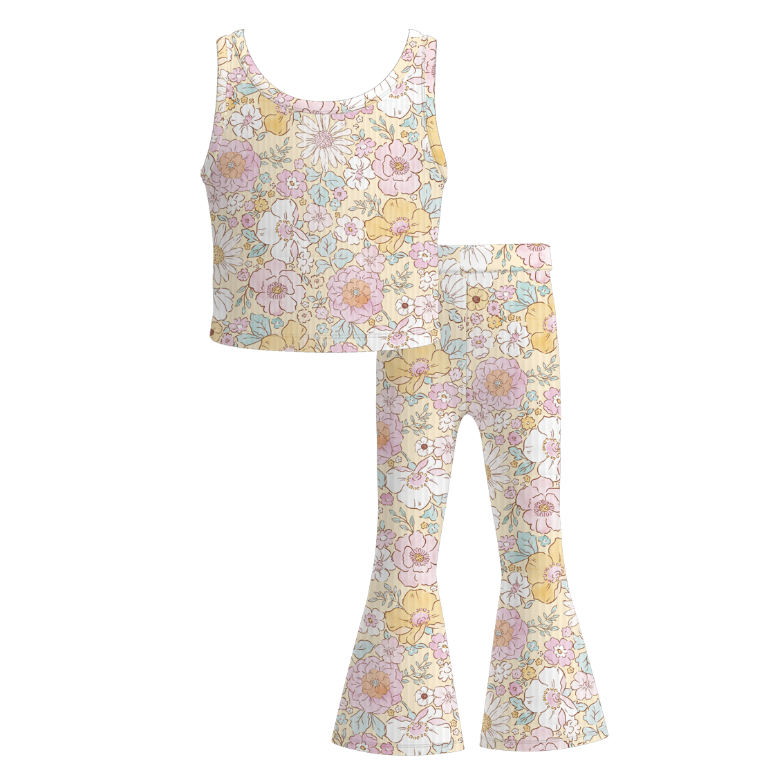 (Pre Order)Girls Spring and Summer Bow&Floral Print Twill Outfit Set