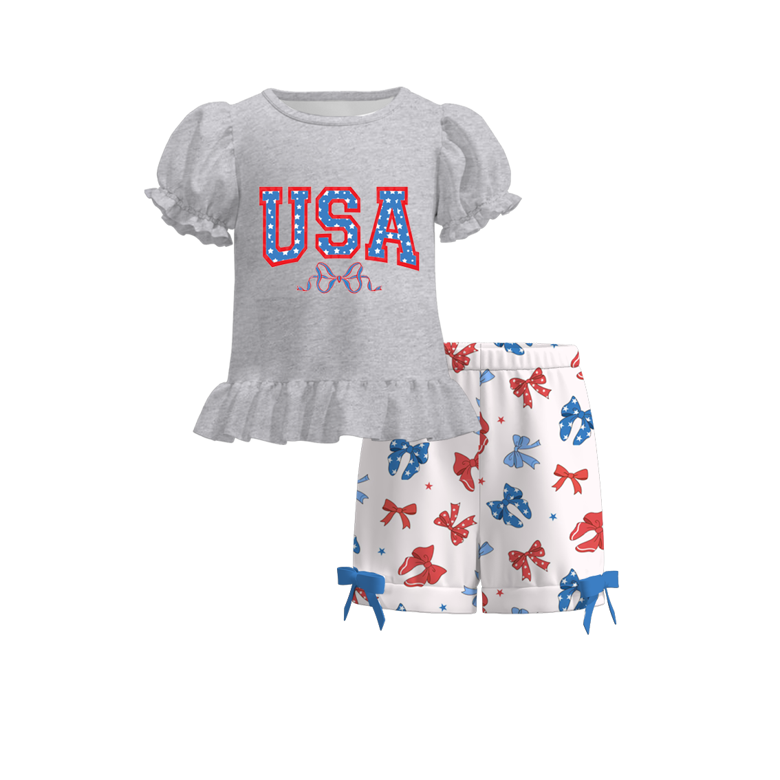 (Pre Order)Girls Patriotic Print Shorts Set