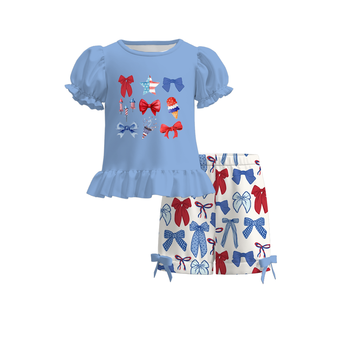 (Pre Order)Girls Patriotic Print Shorts Set