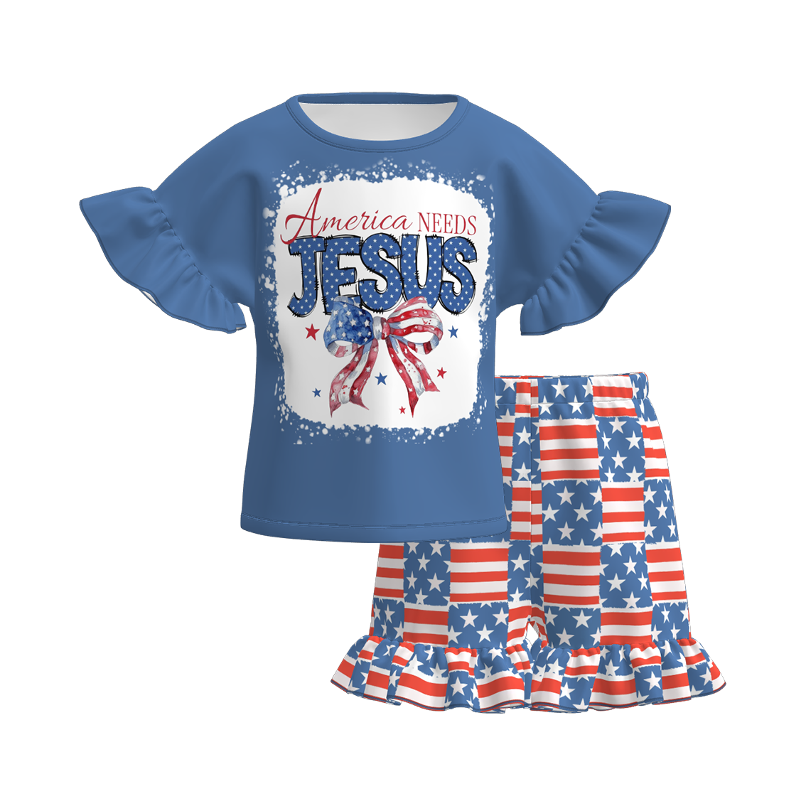 (Pre Order)Girls Patriotic Print Shorts Set