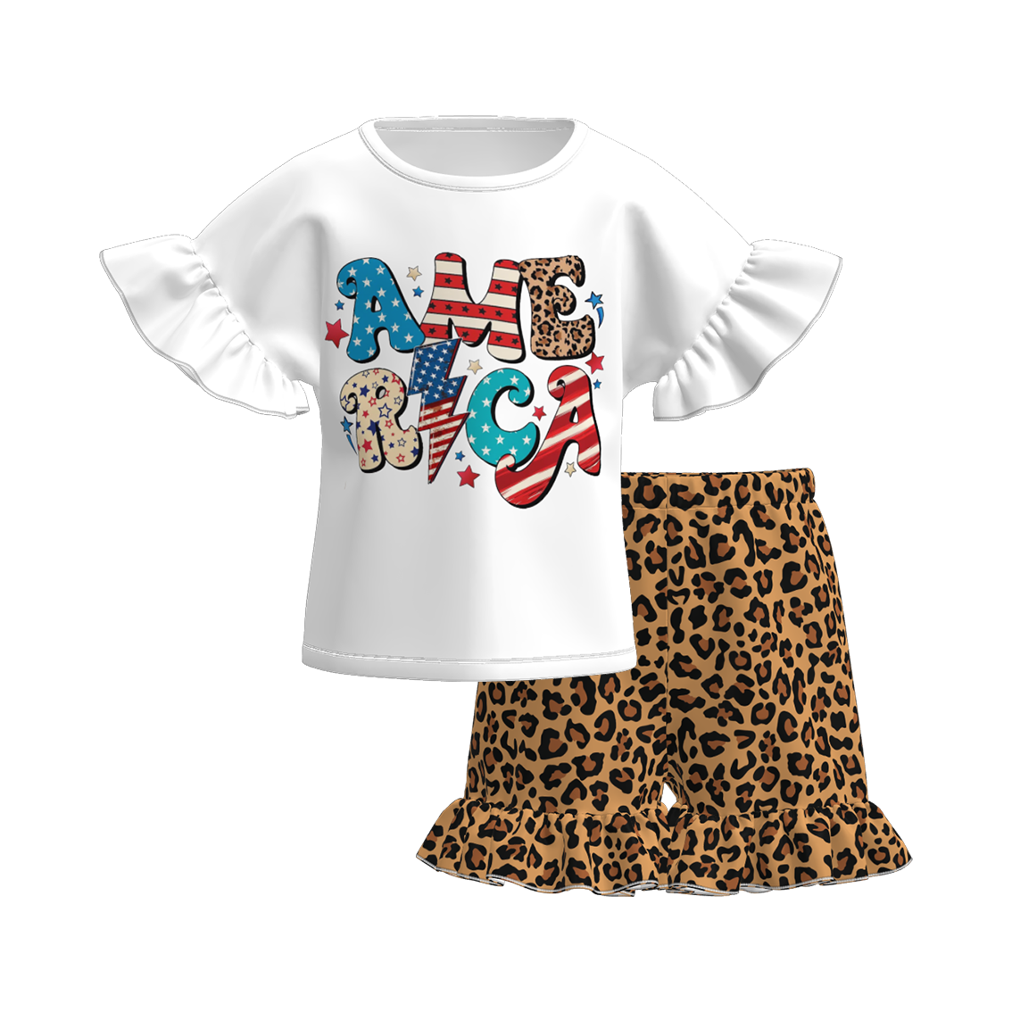 (Pre Order)Girls Patriotic Print Shorts Set