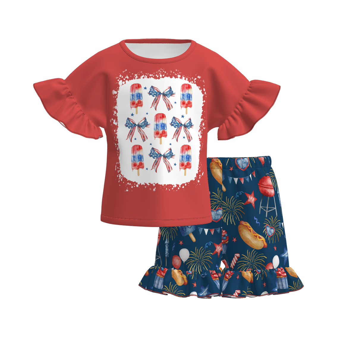 (Pre Order)Girls Patriotic Print Shorts Set