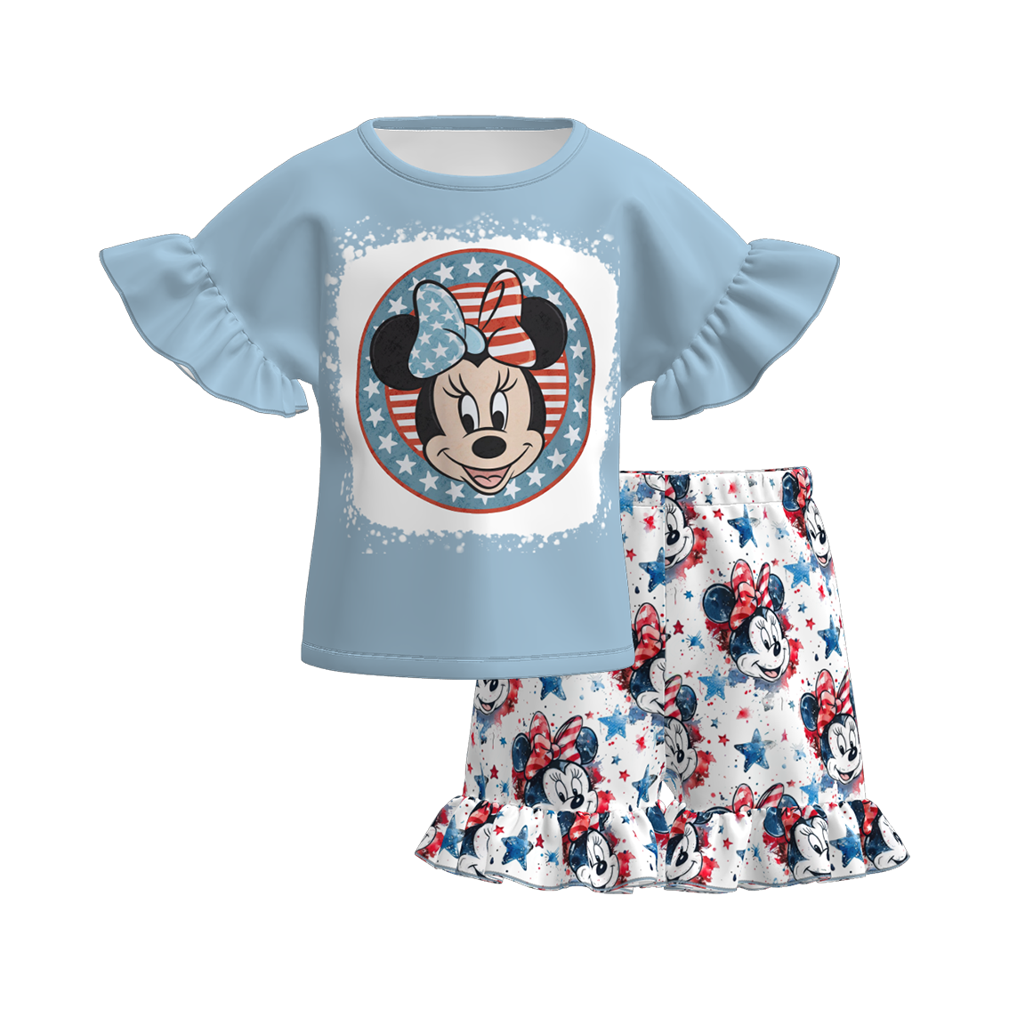 (Pre Order)Girls Patriotic Print Shorts Set