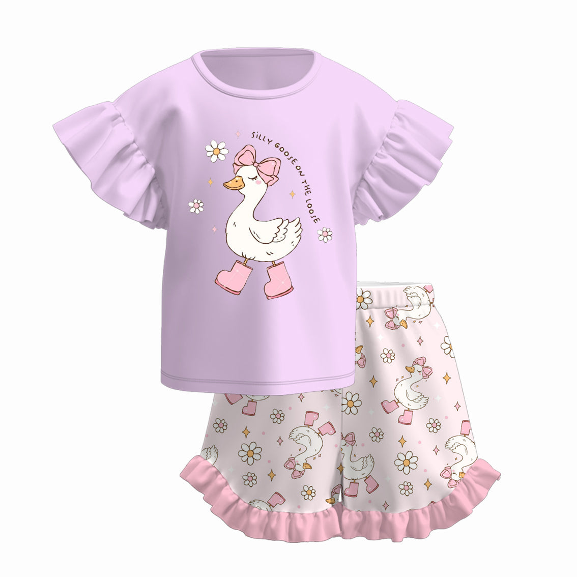 (Pre Order)Girls Spring and Summer Silly Goose Print Dress&Set