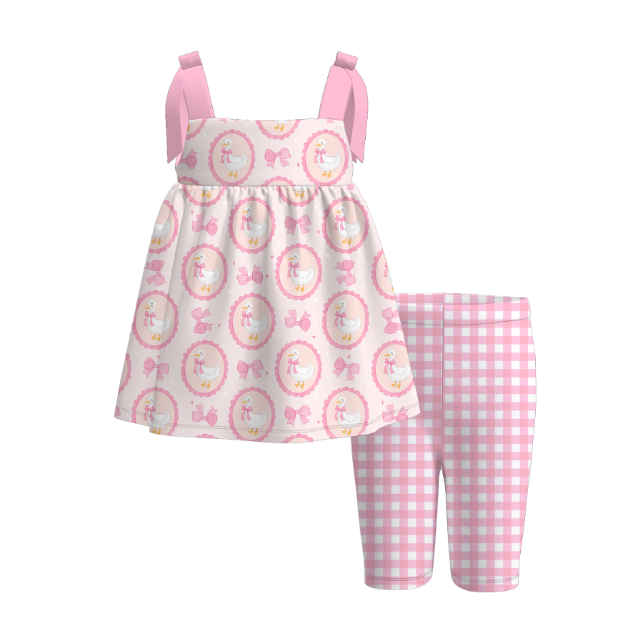 (Pre Order)Girls Spring and Summer Floral&Goose Print Capris Set