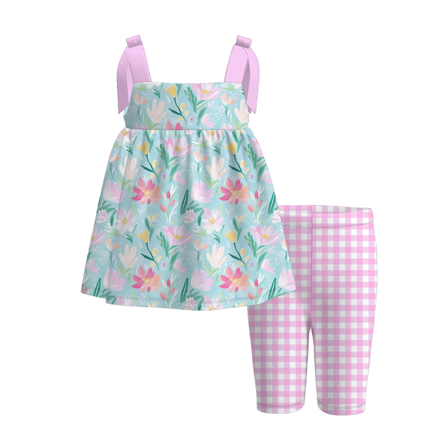 (Pre Order)Girls Spring and Summer Floral&Goose Print Capris Set