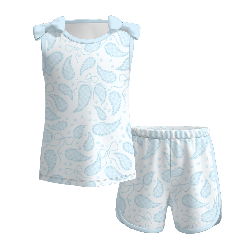 (Pre Order)Girls Spring and Summer Bow Print Shorts Set