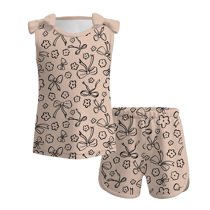 (Pre Order)Girls Spring and Summer Bow Print Shorts Set