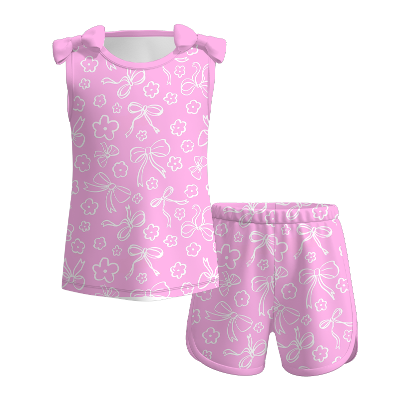 (Pre Order)Girls Spring and Summer Bow Print Shorts Set