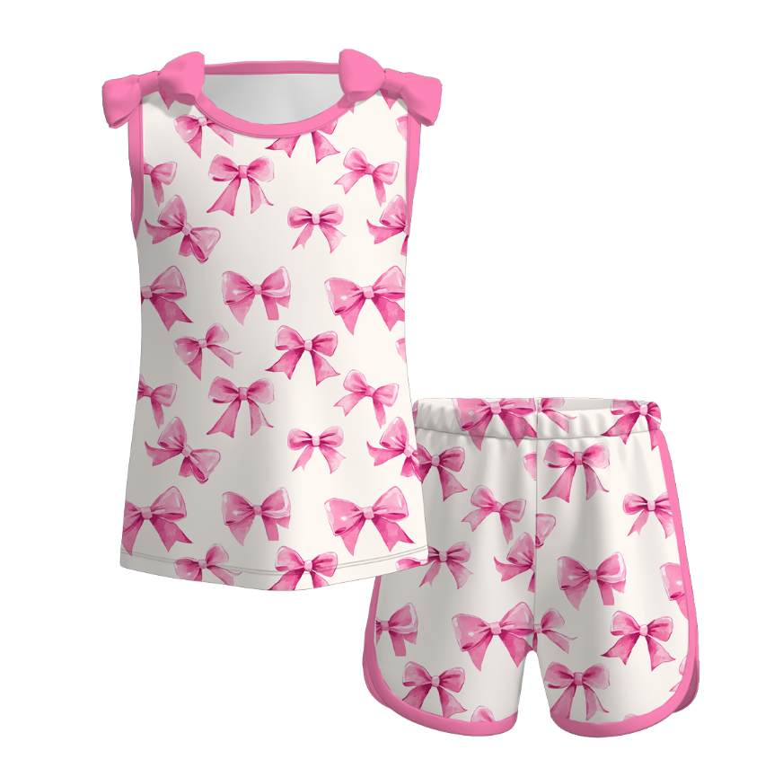(Pre Order)Girls Spring and Summer Bow,Floral&Cherry Print Shorts Set