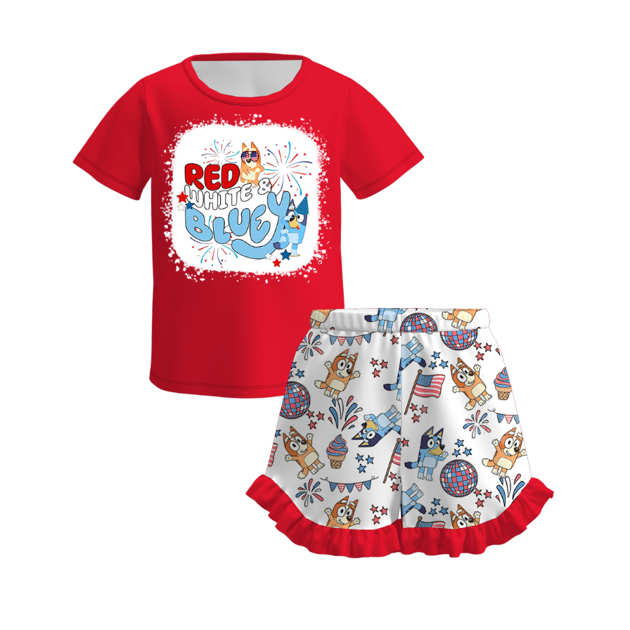 (Pre Order)Girls Patriotic Print Shorts Set