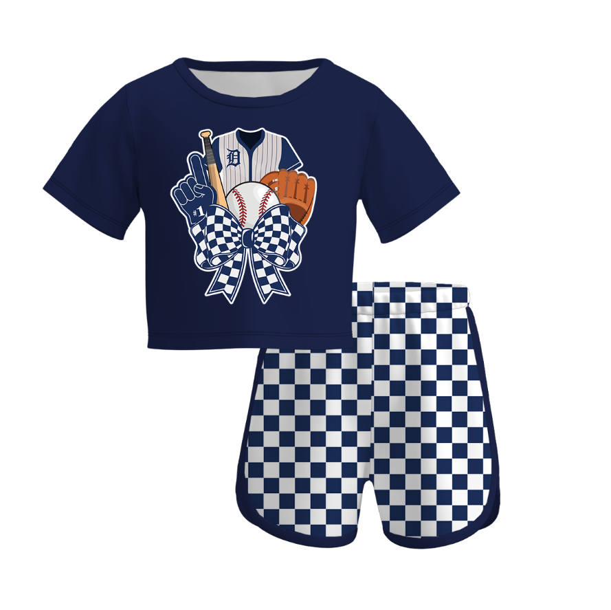 (Pre Order)Girls Spring and Summer Baseball Print Shorts Set