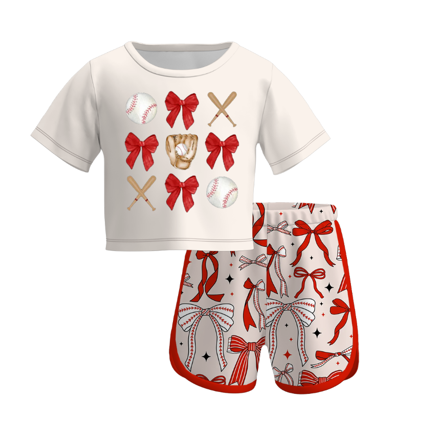 (Pre Order)Girls Spring and Summer Baseball Print Shorts Set