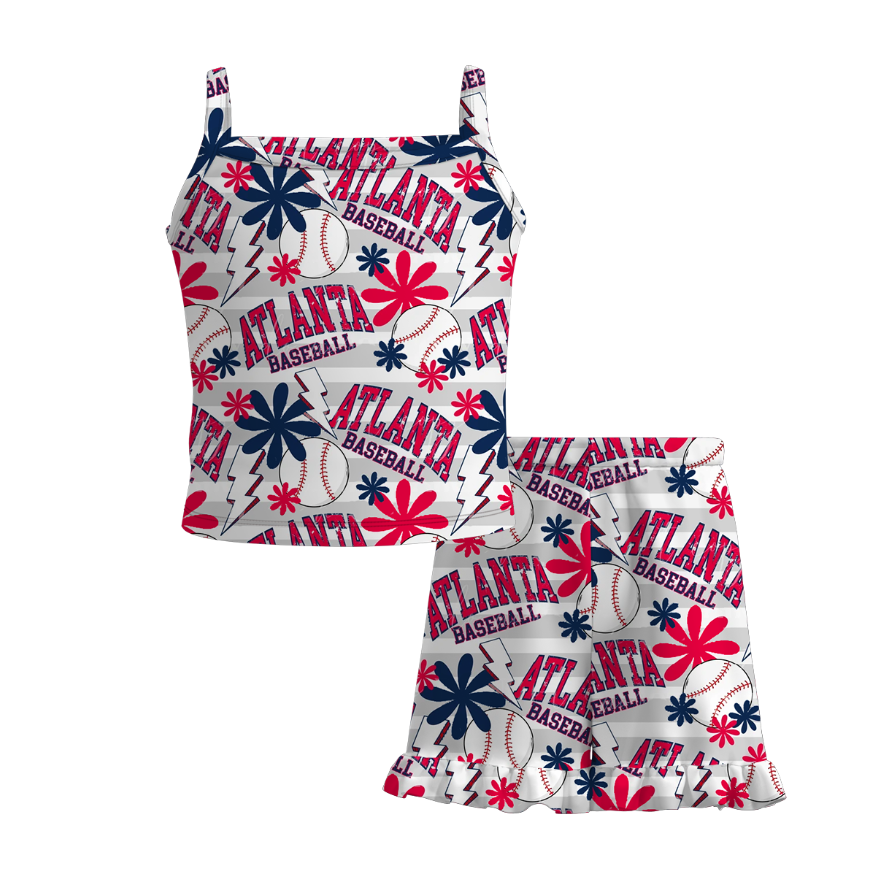 (Pre Order)Girls Spring and Summer Baseball Print Shorts Set