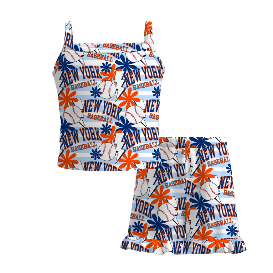 (Pre Order)Girls Spring and Summer Baseball Print Shorts Set