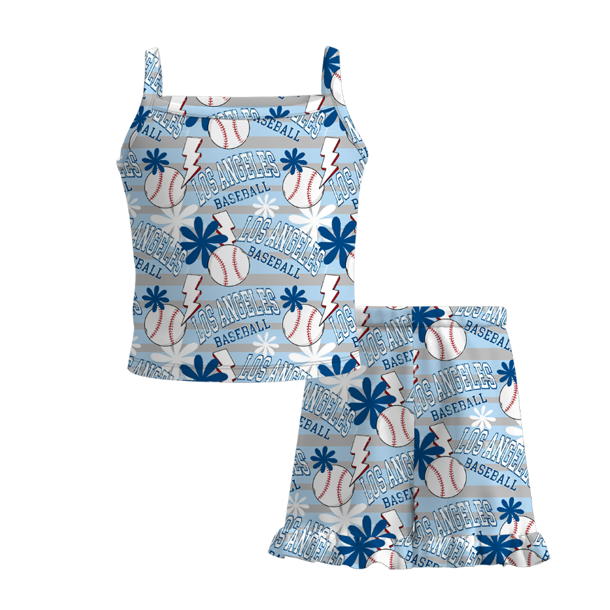 (Pre Order)Girls Spring and Summer Baseball Print Shorts Set