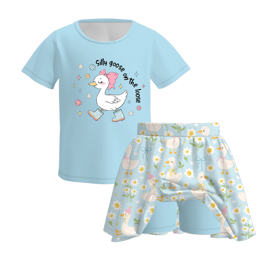 (Pre Order)Girls Spring and Summer Silly Goose Print Skort Set
