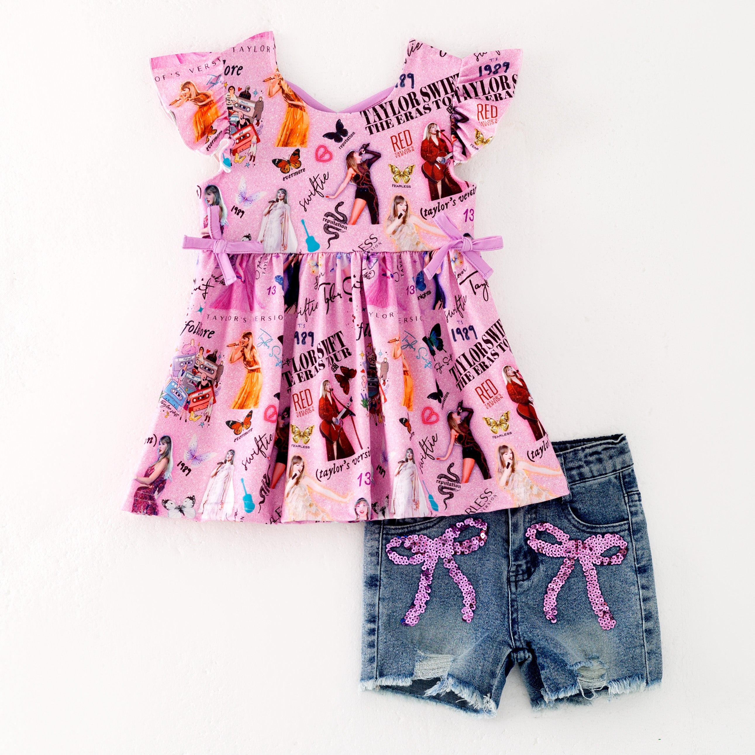 (Pre Order+Shorts)Girls Spring and Summer TS Print Denim Shorts Set-Multicolor