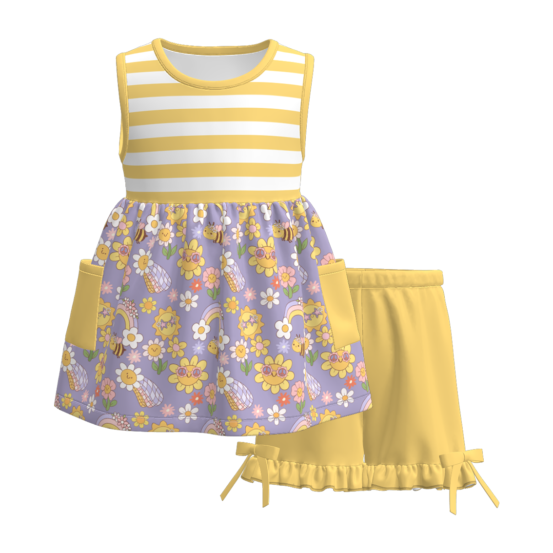(Pre Order)Girls Spring and Summer Sunflower Print Dress,Set,Jumpsuit&Romper