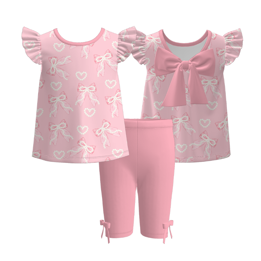(Pre Order)Girls Spring and Summer Bow Print Dress,Set&Jumpsuit