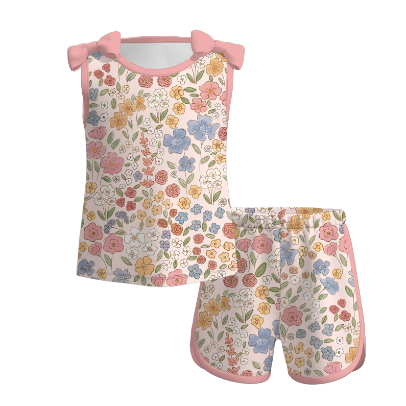 (Pre Order)Girls Spring and Summer Bow&Floral Print Shorts Set