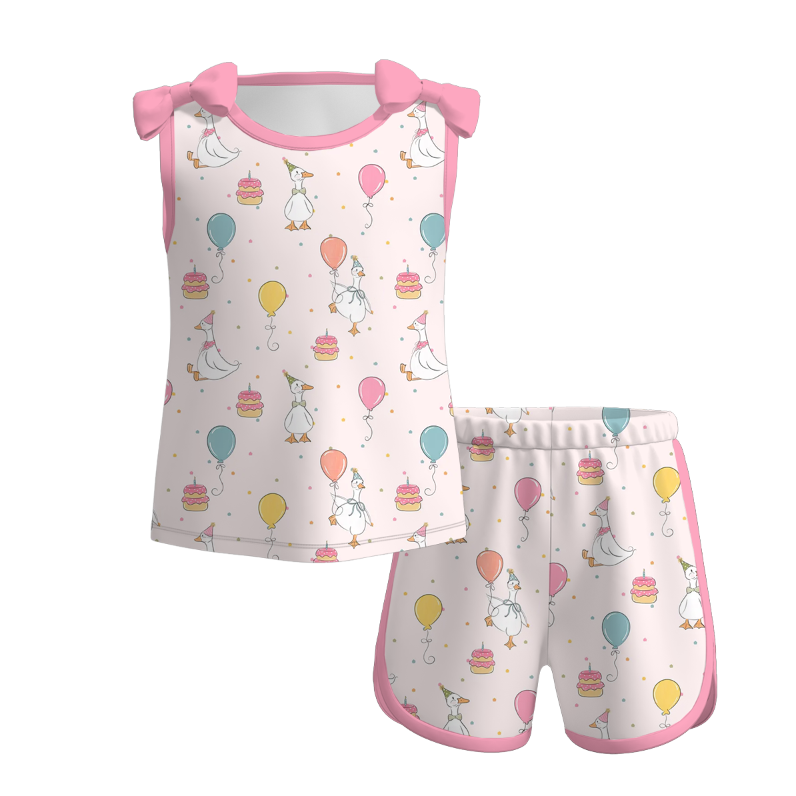 (Pre Order)Girls Spring and Summer Bow&Floral Print Shorts Set