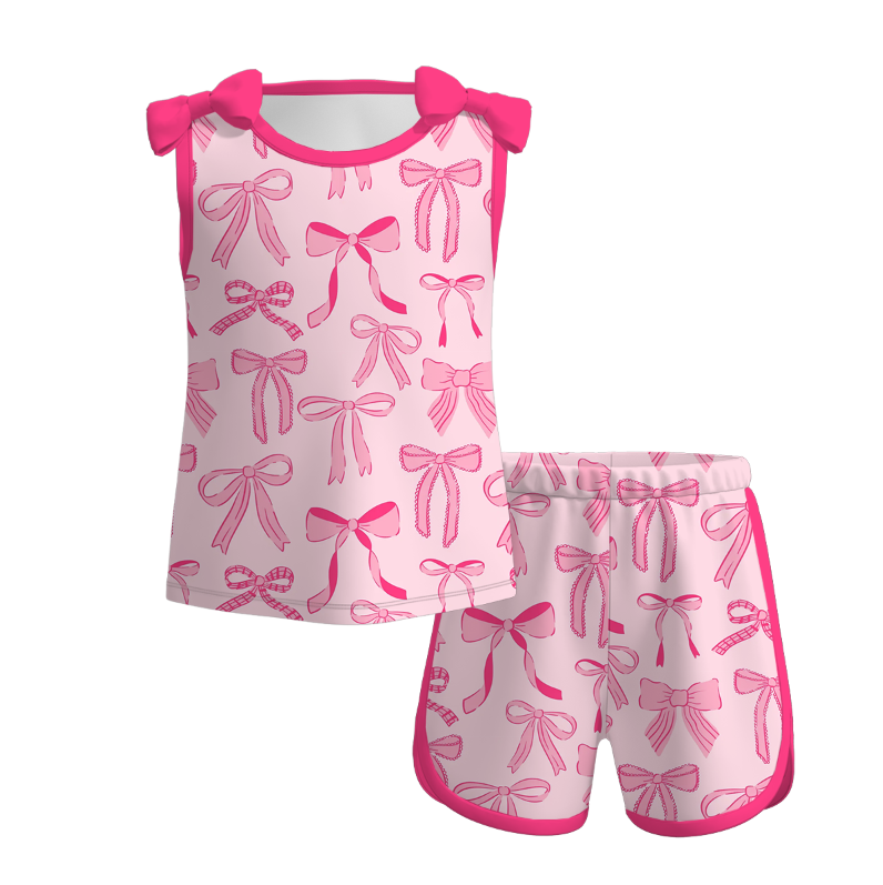 (Pre Order)Girls Spring and Summer Bow&Floral Print Shorts Set