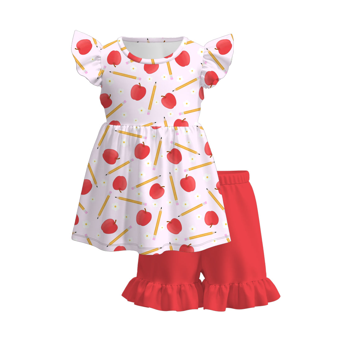 (Pre Order)Girls Summer Back To School Print Dress&Shorts Set