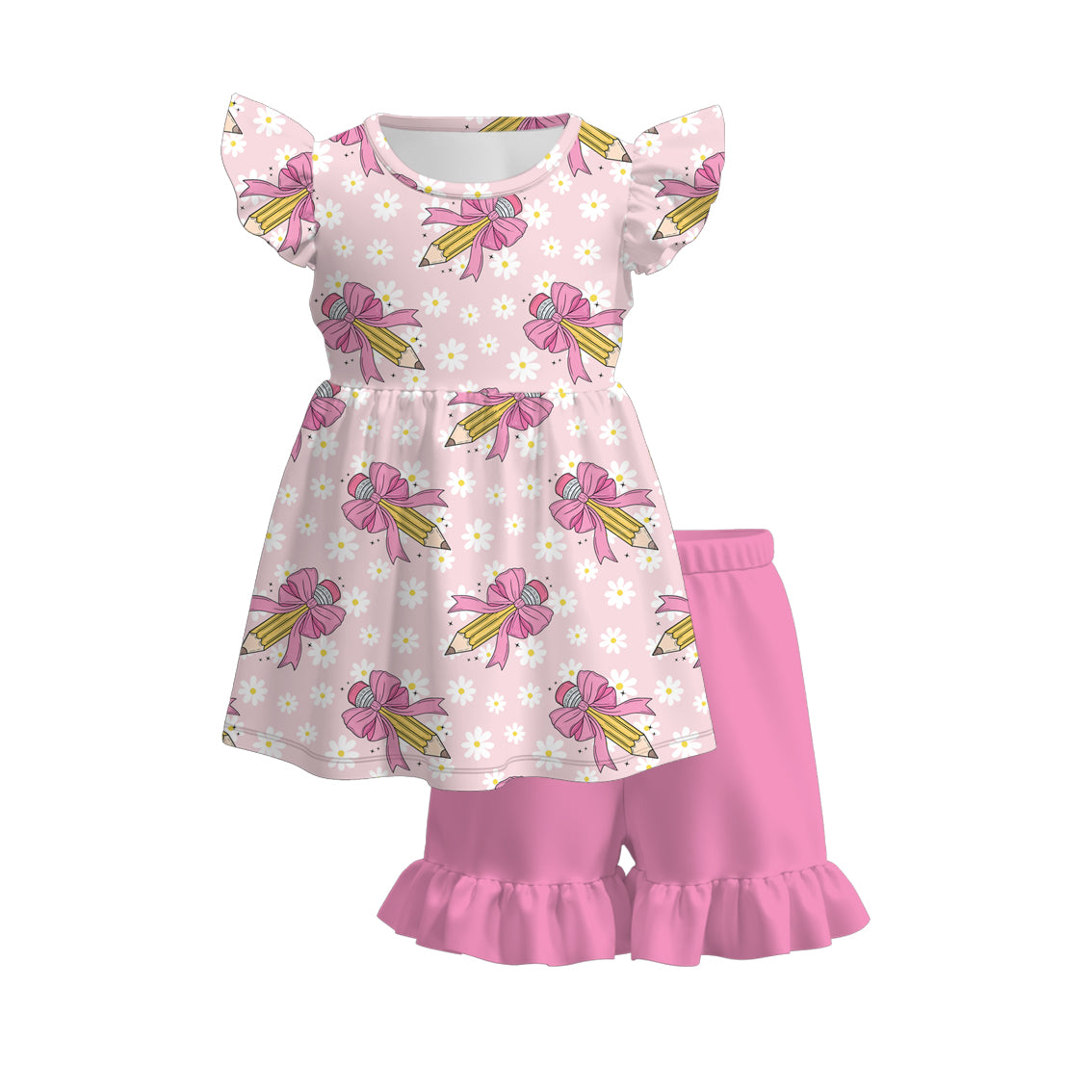 (Pre Order)Girls Summer Back To School Print Dress&Shorts Set