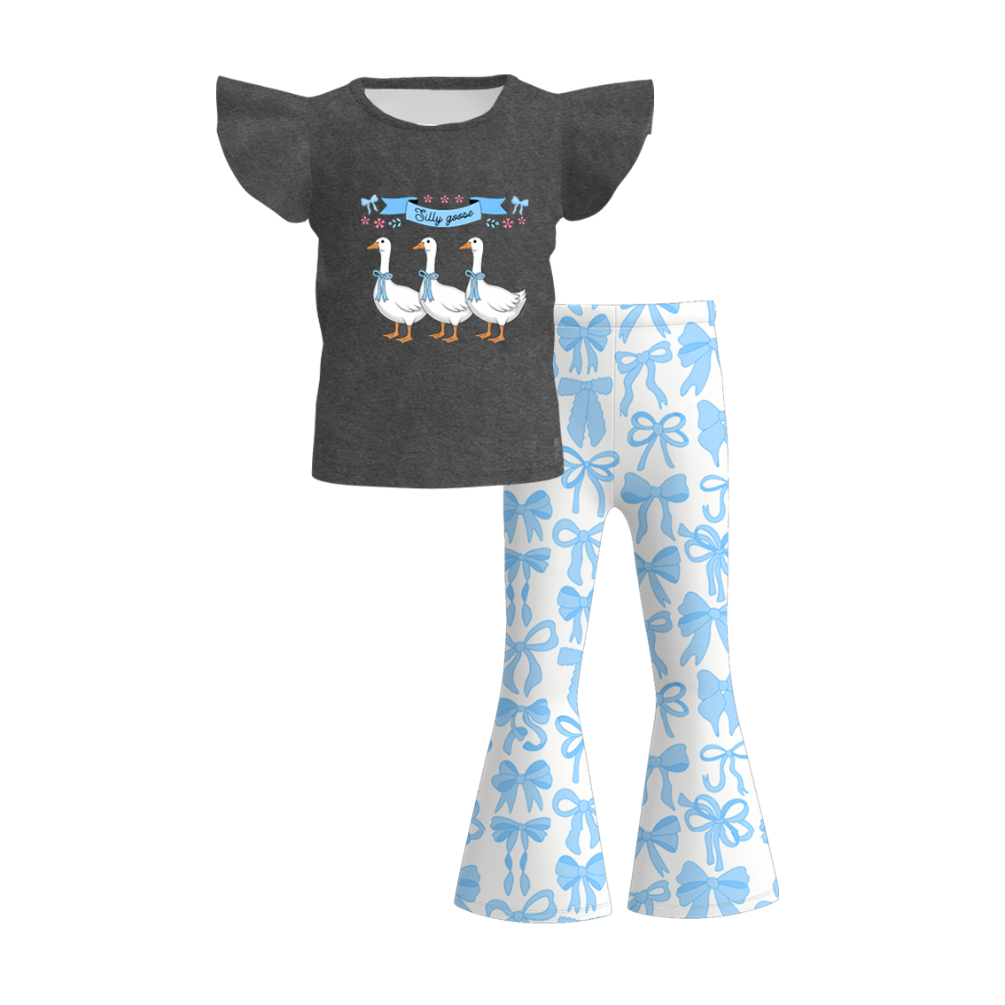(Pre Order)Girls Spring and Summer Goose&Bow Print Outfit Set