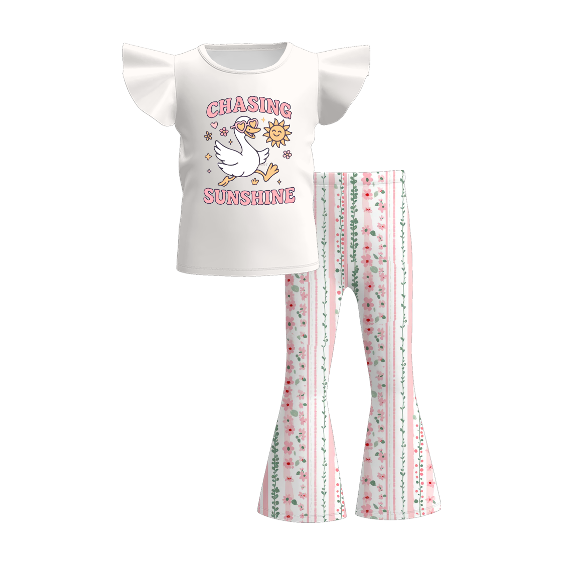 (Pre Order)Girls Spring and Summer Goose&Bow Print Outfit Set