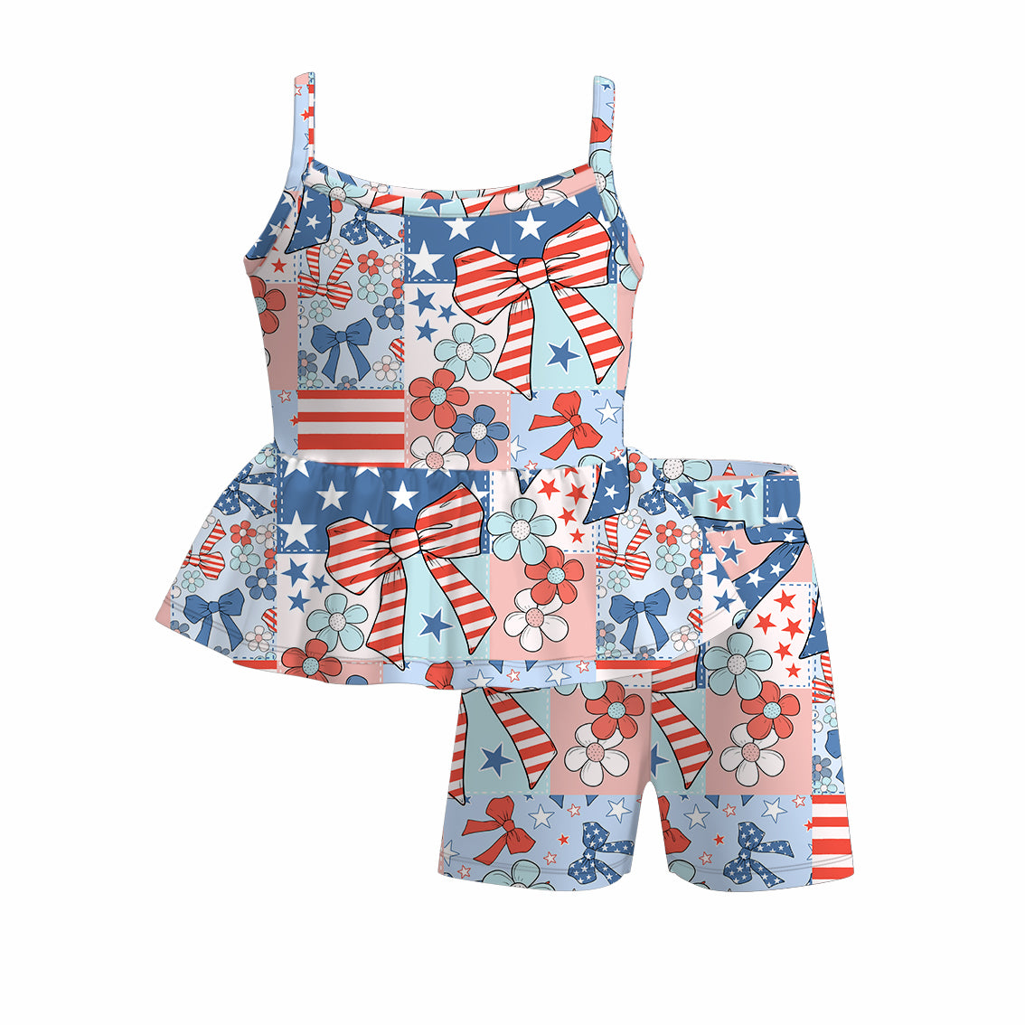 (Pre Order)Girls Patriotic Print Shorts Set