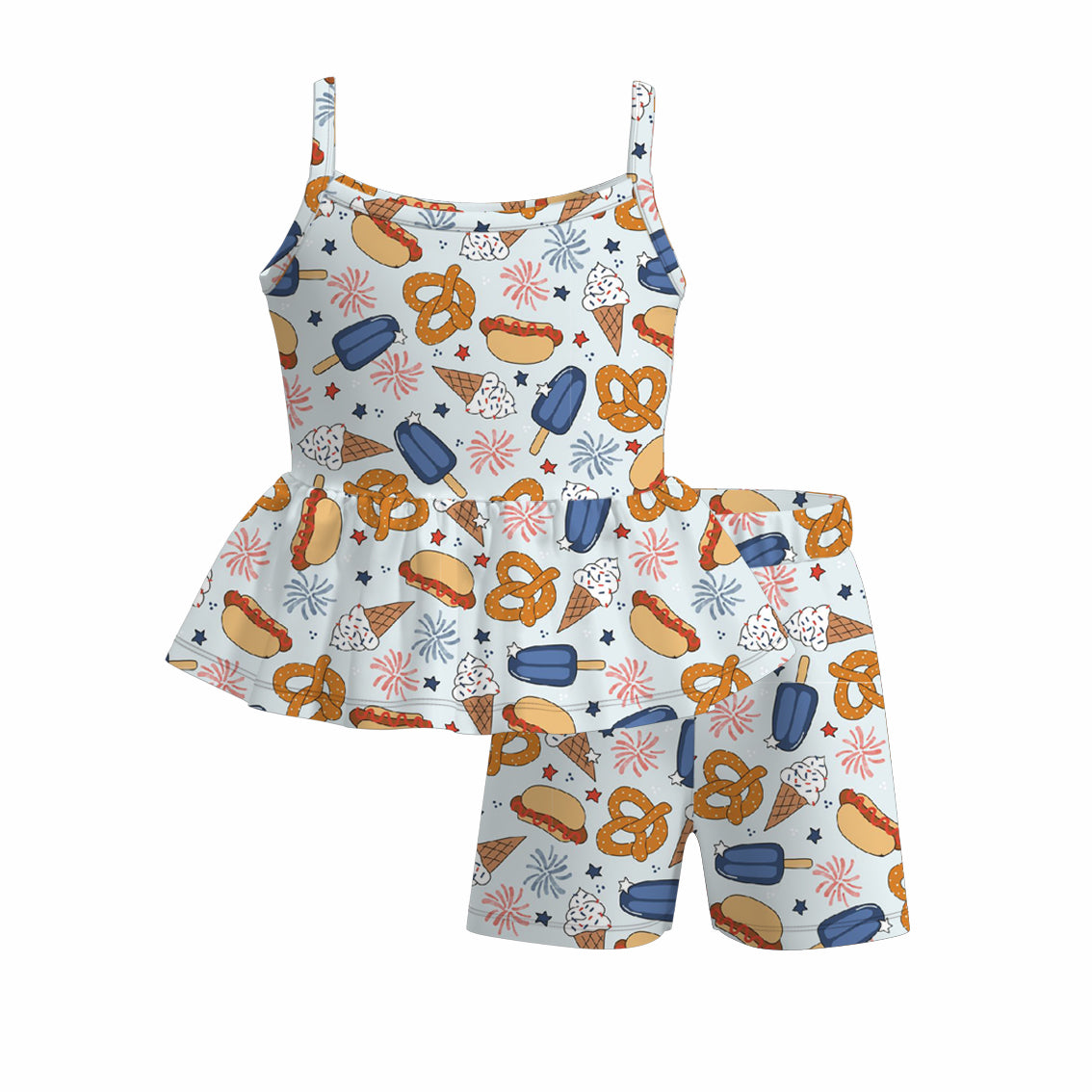 (Pre Order)Girls Patriotic Print Shorts Set