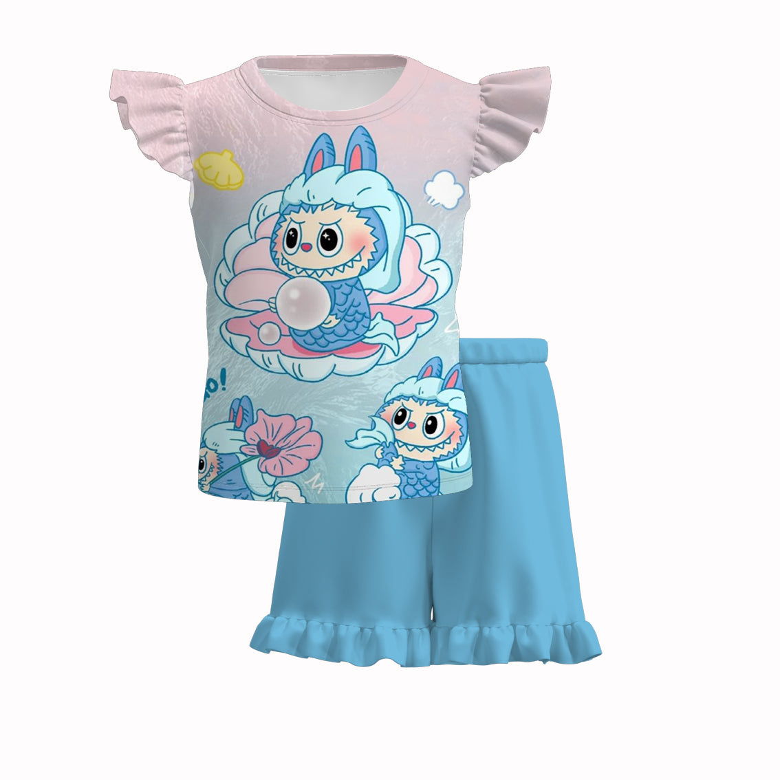 (Pre Order)Girls Spring and Summer Cartoon Print Shorts Set