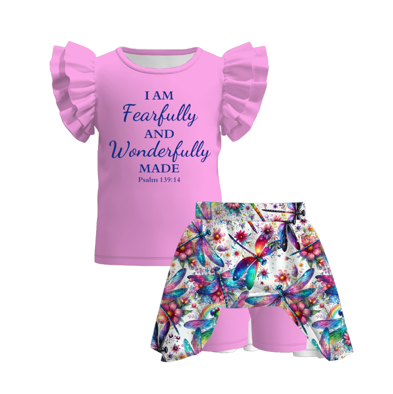 (Pre Order)Girls Spring and Summer Butterfly Print Dress&Skort Set