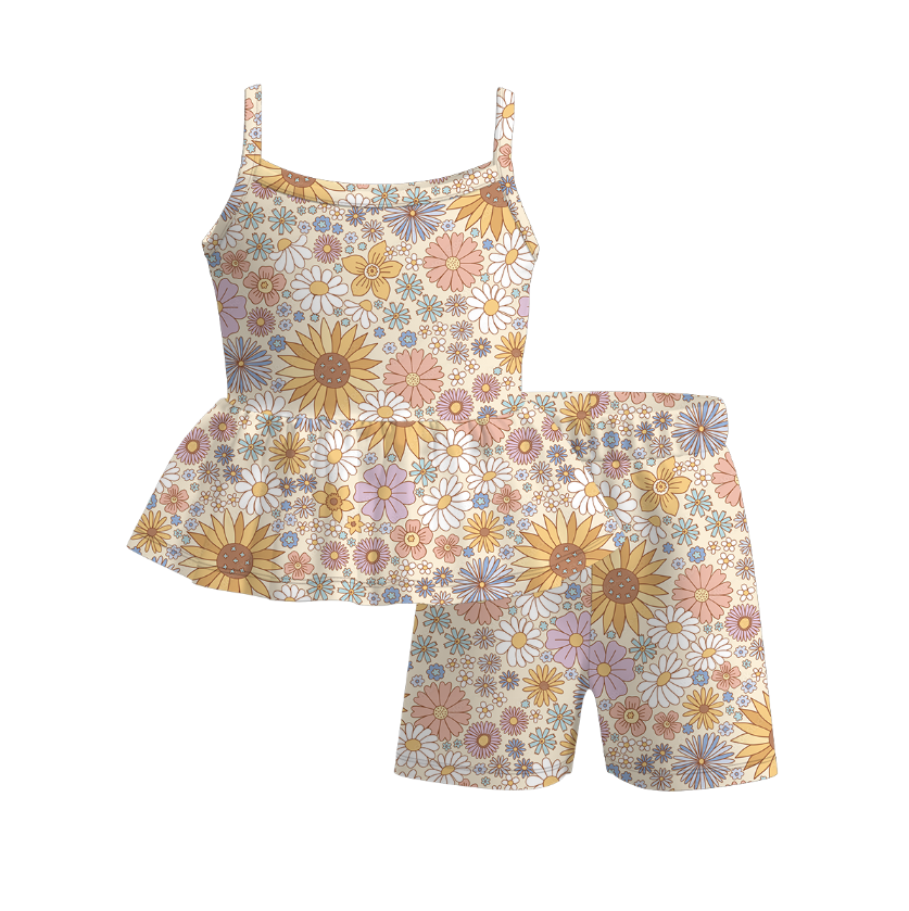 (Pre Order)Girls Spring and Summer Floral Print Shorts Set