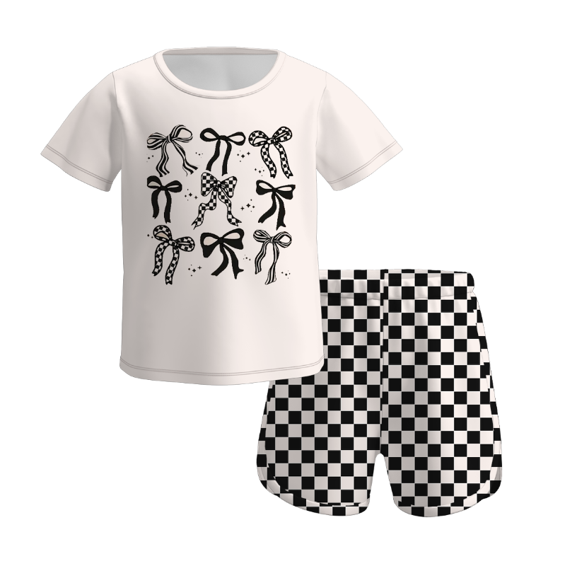 (Pre Order)Girls Spring and Summer Goose&Bow Print Shorts Set
