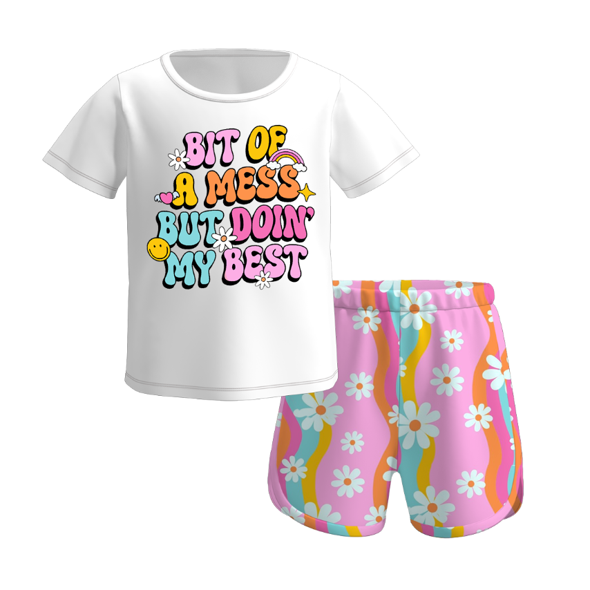 (Pre Order)Girls Spring and Summer Goose&Bow Print Shorts Set