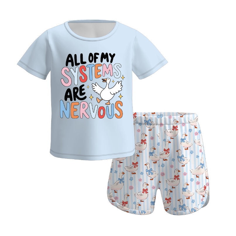 (Pre Order)Girls Spring and Summer Goose&Bow Print Shorts Set